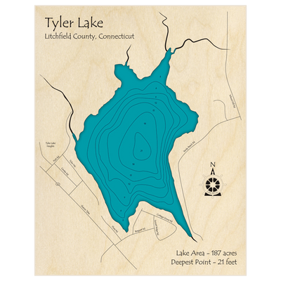 Bathymetric topo map of Tyler Lake with roads, towns and depths noted in blue water