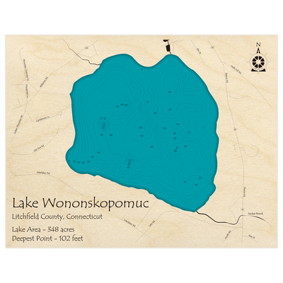 Bathymetric topo map of Lake Wononskopomuc with roads, towns and depths noted in blue water