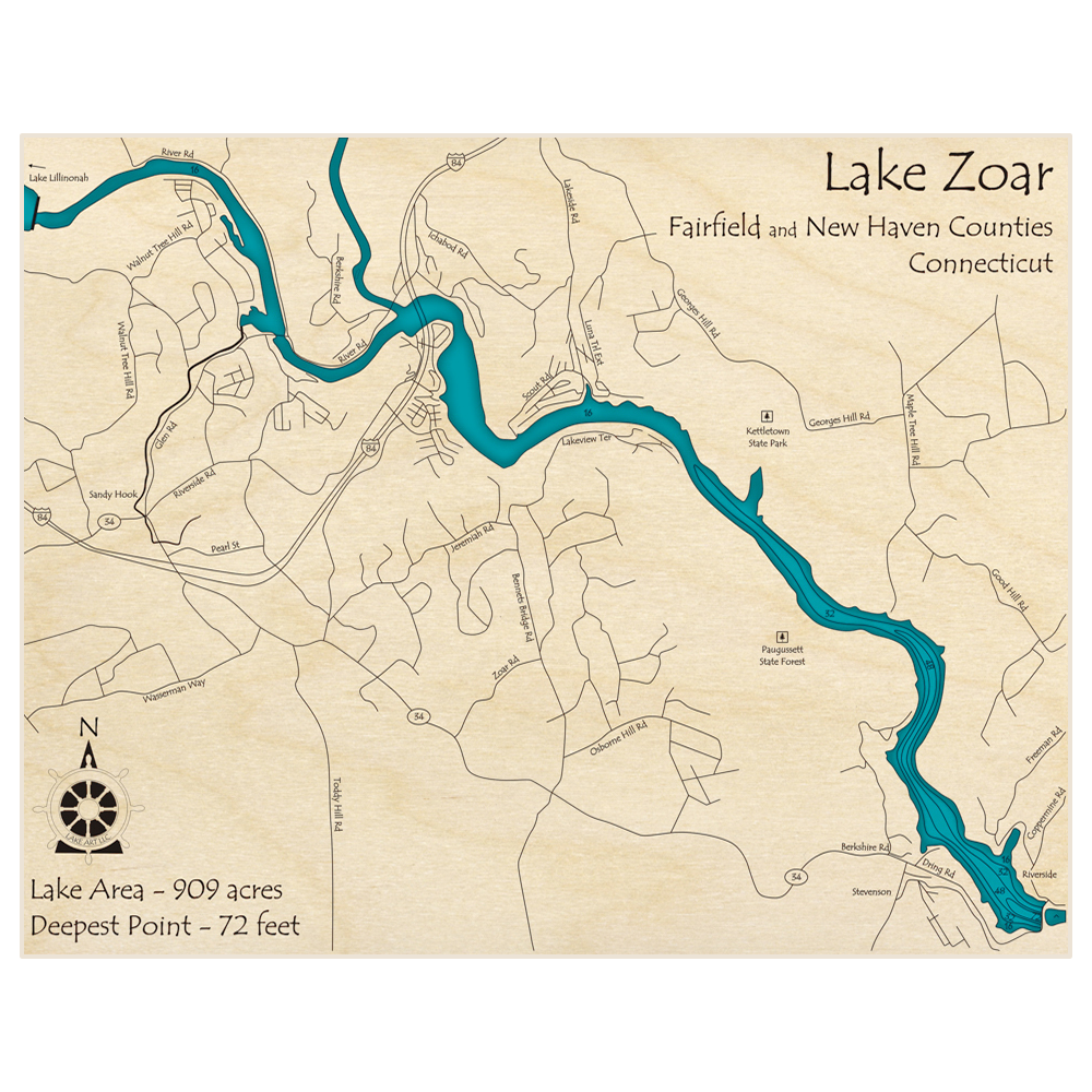 Bathymetric topo map of Lake Zoar with roads, towns and depths noted in blue water