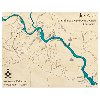 Bathymetric topo map of Lake Zoar with roads, towns and depths noted in blue water