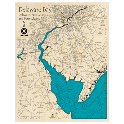 Bathymetric topo map of Delaware Bay with roads, towns and depths noted in blue water