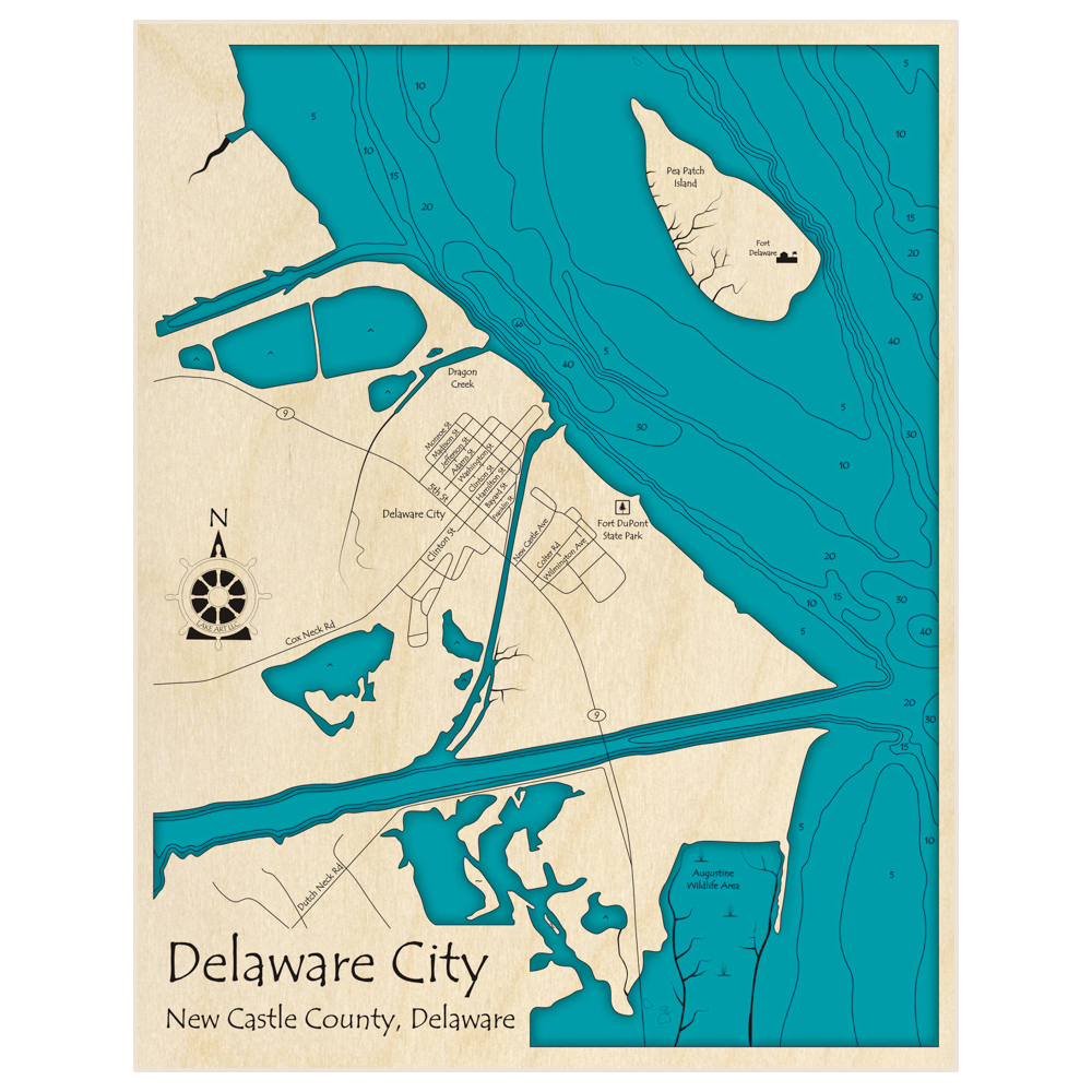 Bathymetric topo map of Delaware City (Portrait Orientation) with roads, towns and depths noted in blue water