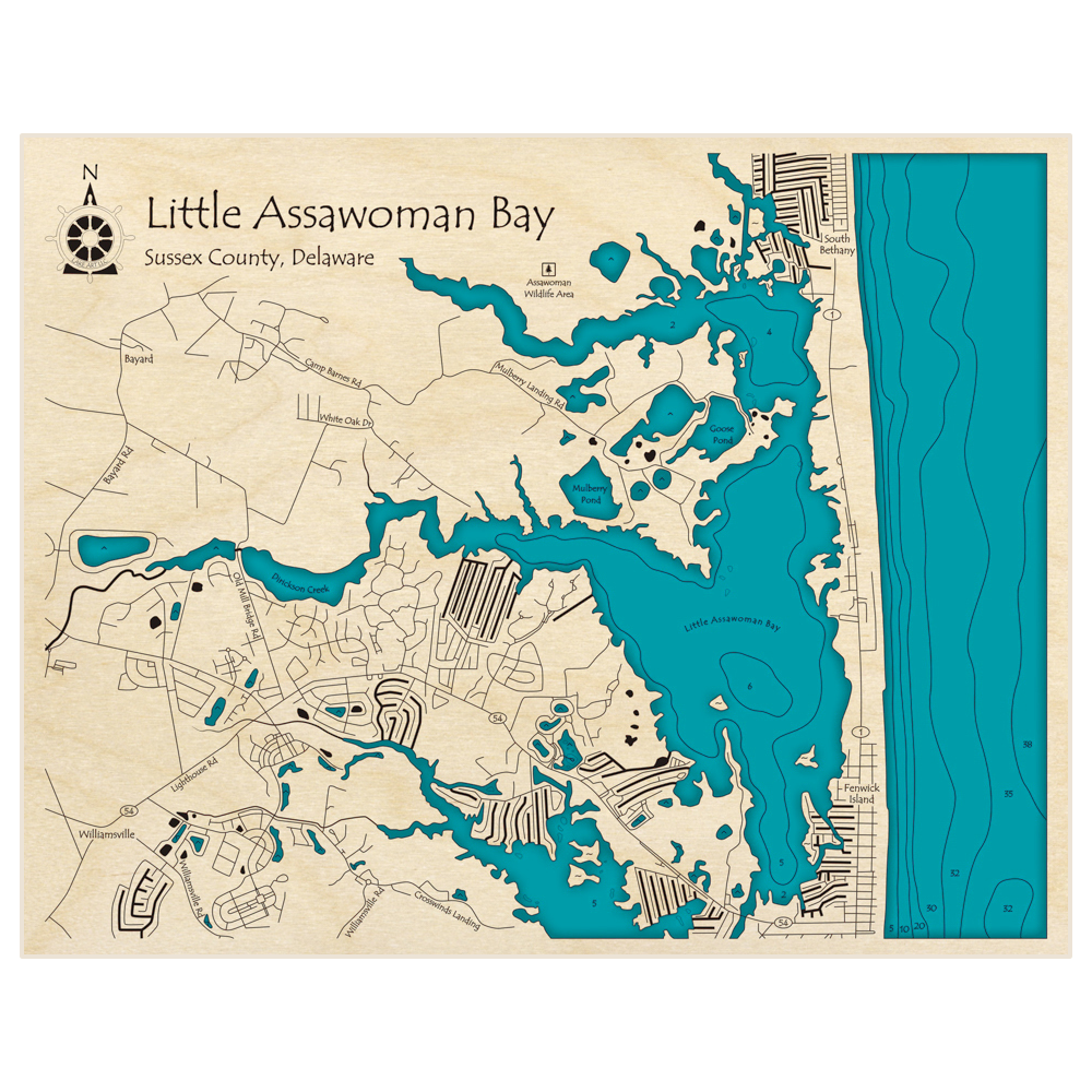 Bathymetric topo map of Little Assawoman Bay with roads, towns and depths noted in blue water