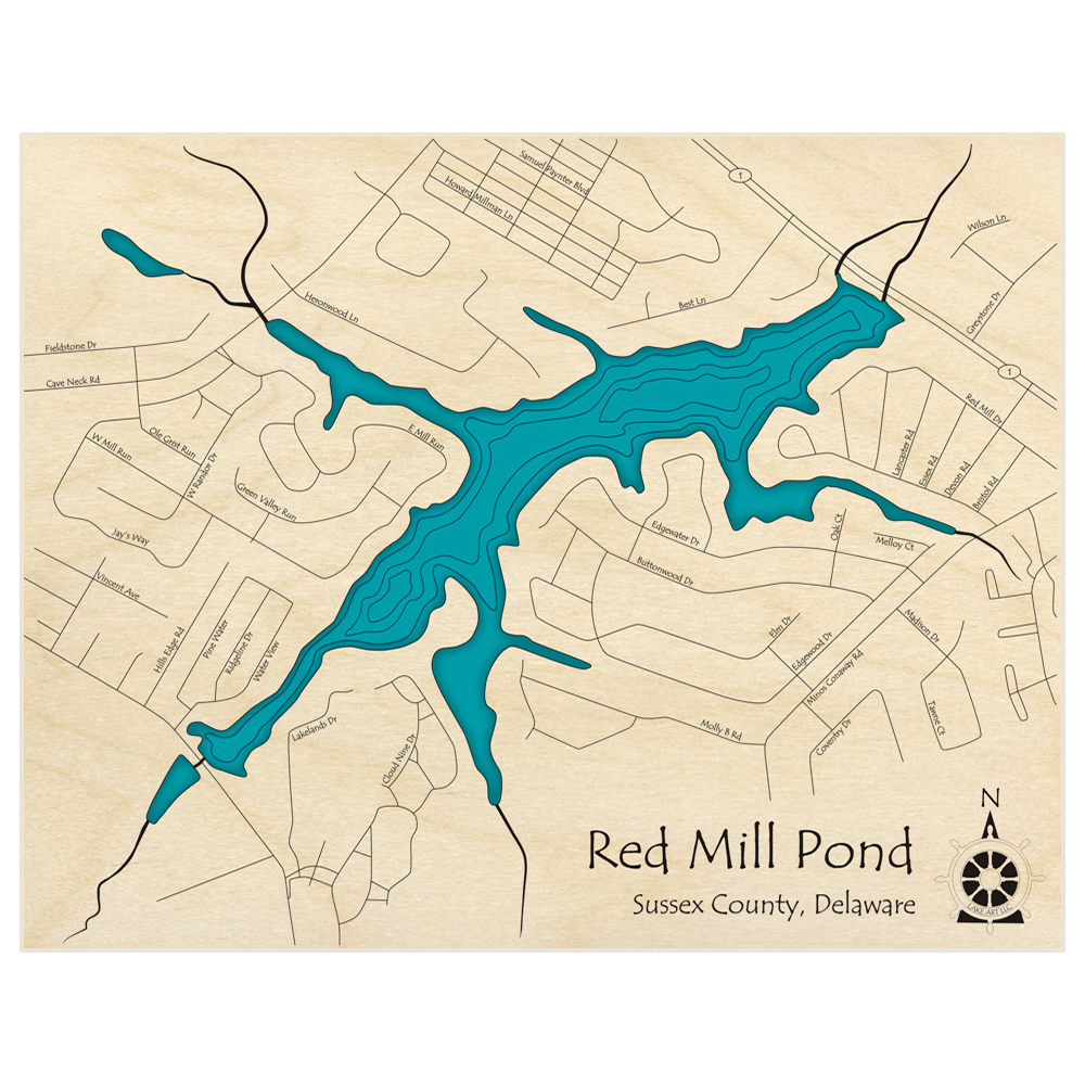 Bathymetric topo map of Red Mill Pond  with roads, towns and depths noted in blue water