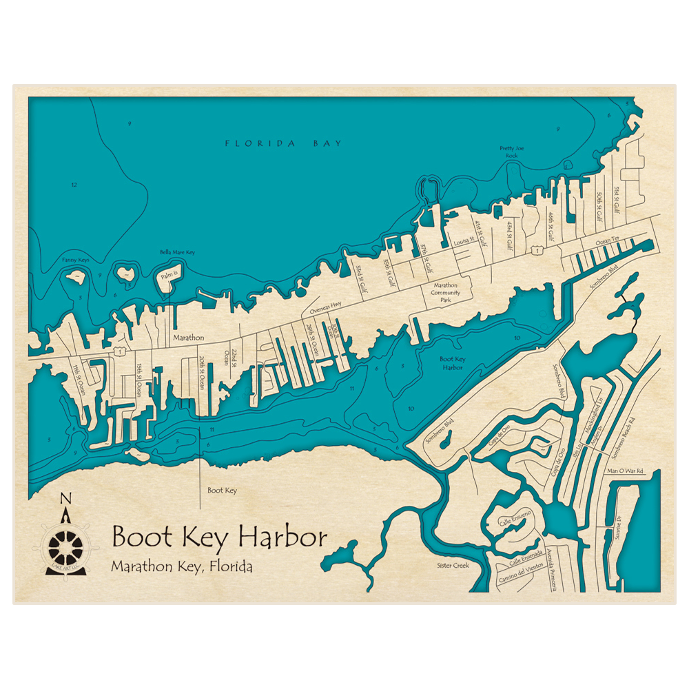 Bathymetric topo map of Boot Key Harbor with roads, towns and depths noted in blue water