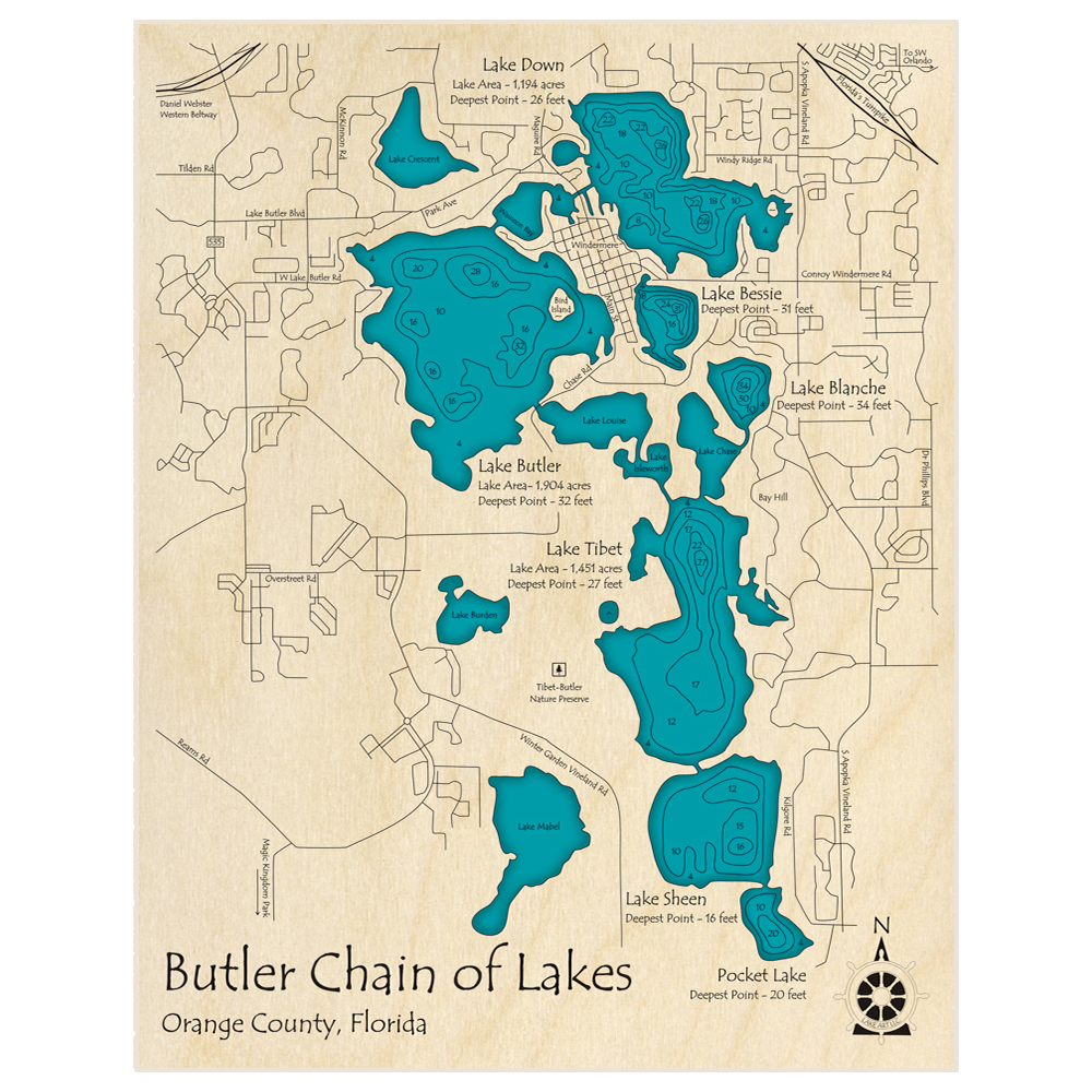 Bathymetric topo map of Butler Chain of Lakes with roads, towns and depths noted in blue water