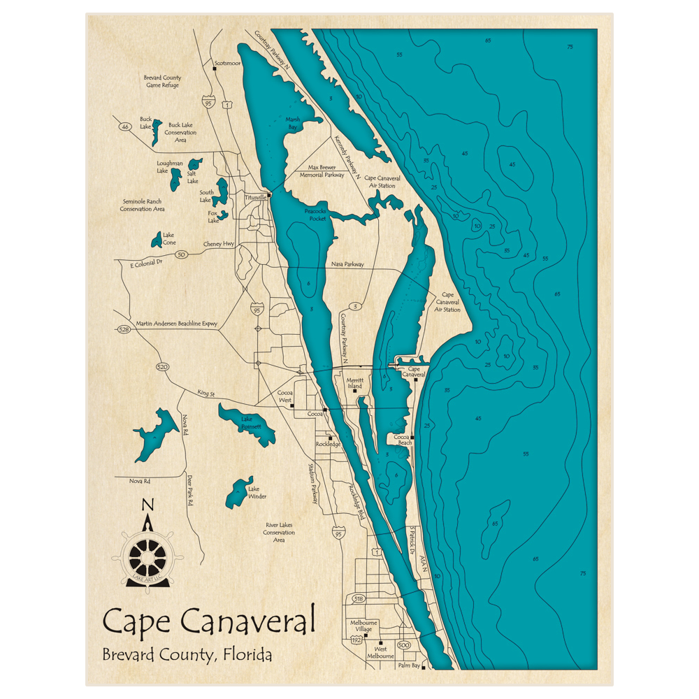 Bathymetric topo map of Cape Canaveral with roads, towns and depths noted in blue water