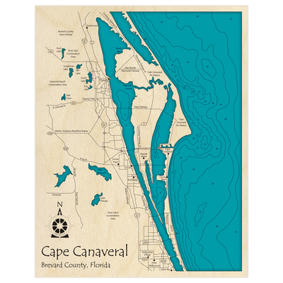 Bathymetric topo map of Cape Canaveral with roads, towns and depths noted in blue water