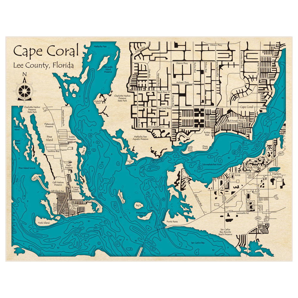 Bathymetric topo map of Cape Coral with roads, towns and depths noted in blue water