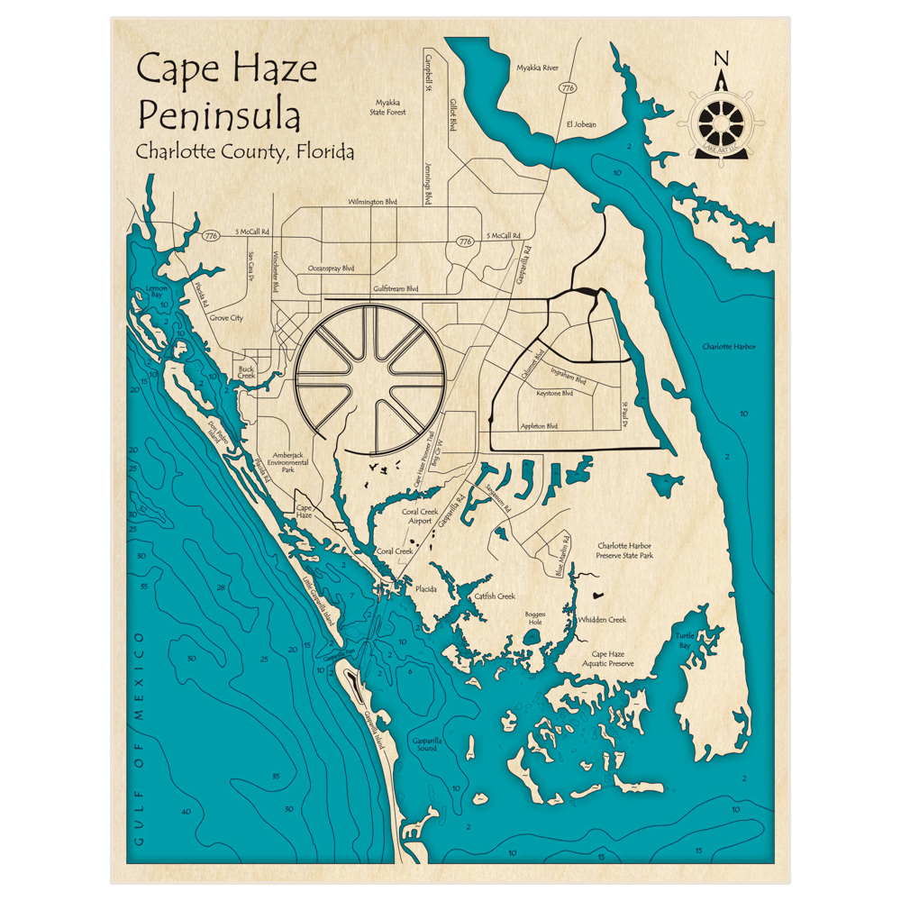 Bathymetric topo map of Cape Haze Peninsula with roads, towns and depths noted in blue water