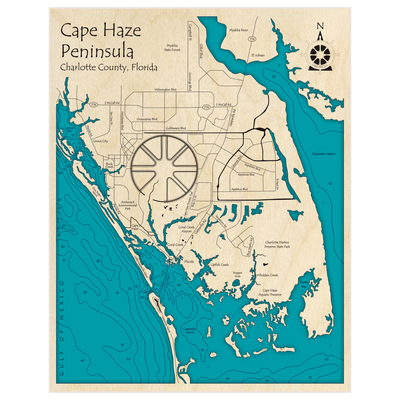 Bathymetric topo map of Cape Haze Peninsula with roads, towns and depths noted in blue water