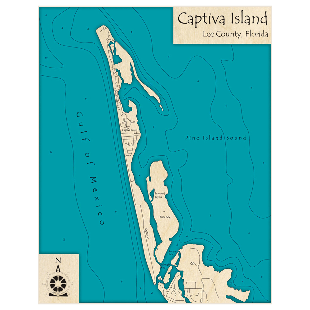 Bathymetric topo map of Captiva Island with roads, towns and depths noted in blue water