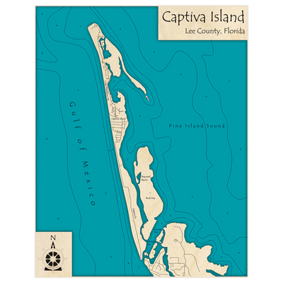 Bathymetric topo map of Captiva Island with roads, towns and depths noted in blue water