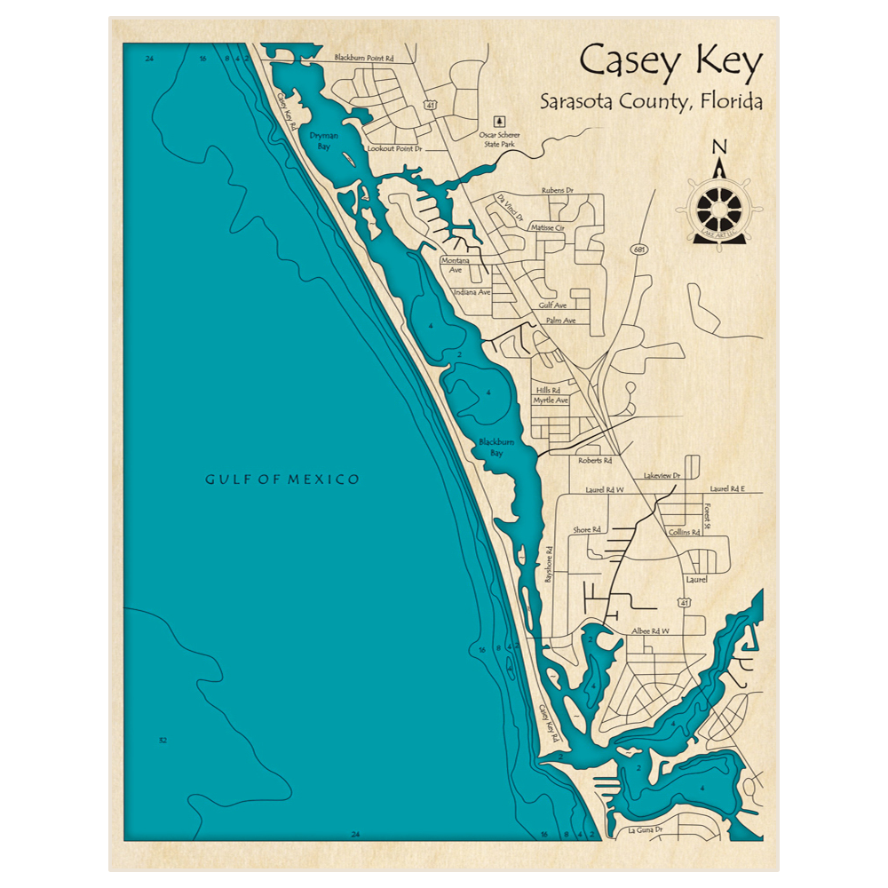 Bathymetric topo map of Casey Key with roads, towns and depths noted in blue water