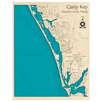 Bathymetric topo map of Casey Key with roads, towns and depths noted in blue water