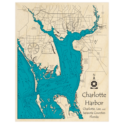 Bathymetric topo map of Charlotte Harbor with roads, towns and depths noted in blue water