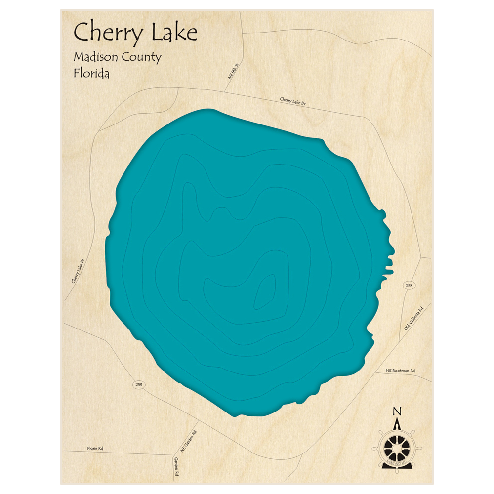 Bathymetric topo map of Cherry Lake  with roads, towns and depths noted in blue water