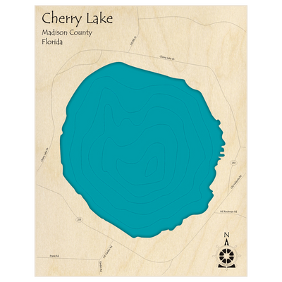 Bathymetric topo map of Cherry Lake  with roads, towns and depths noted in blue water