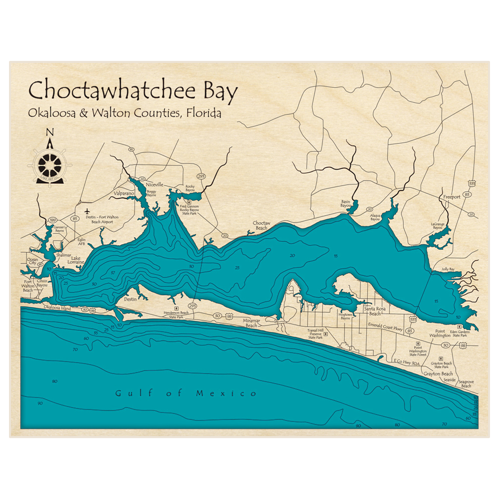 Bathymetric topo map of Choctowhatchee Bay with roads, towns and depths noted in blue water