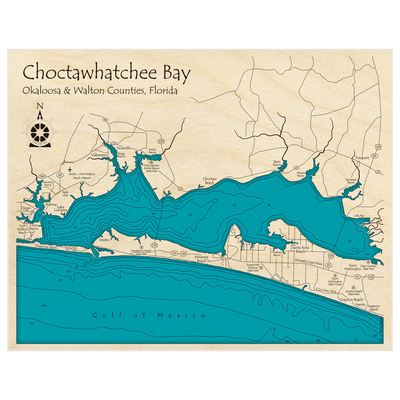 Bathymetric topo map of Choctowhatchee Bay with roads, towns and depths noted in blue water