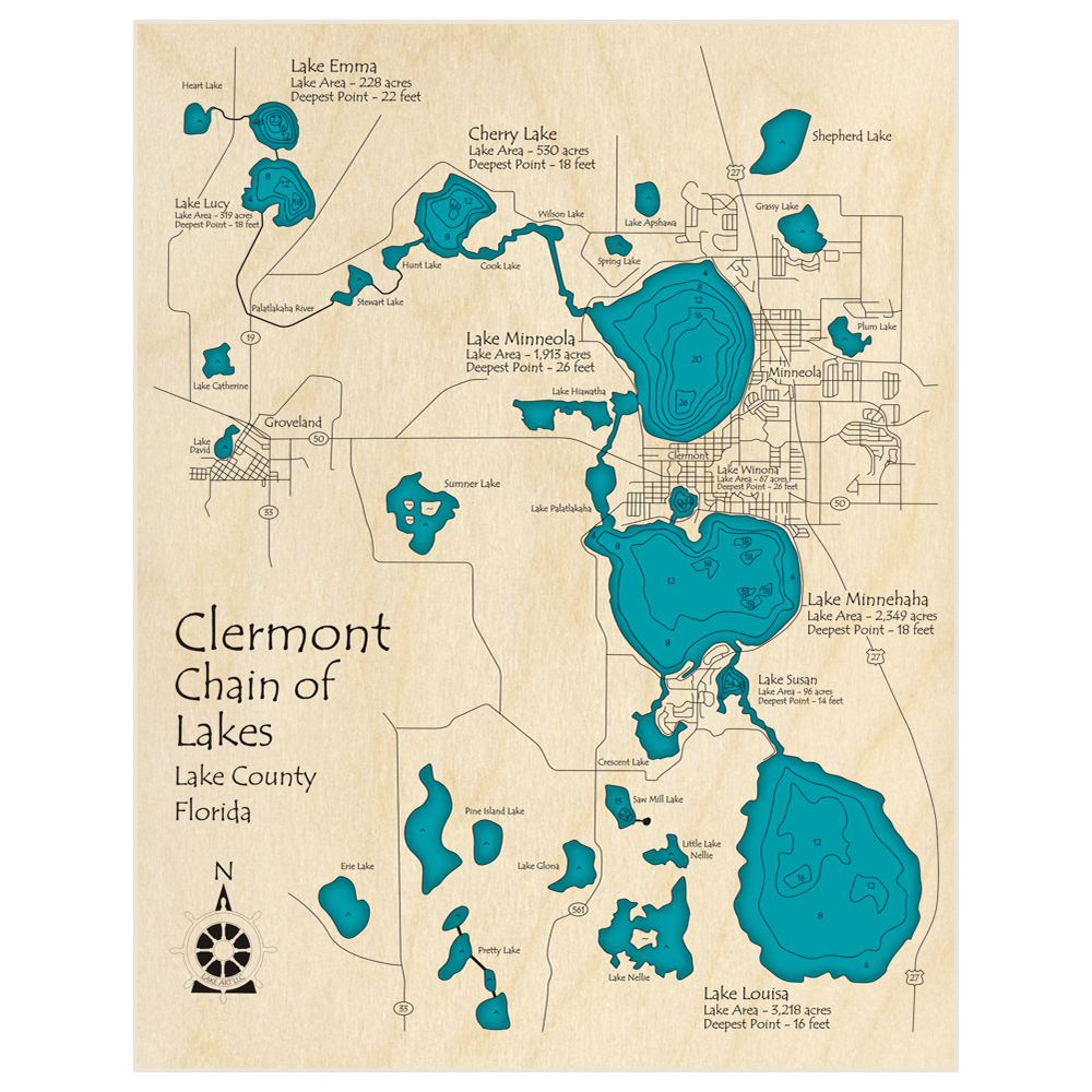 Bathymetric topo map of Clermont Chain of Lakes with roads, towns and depths noted in blue water