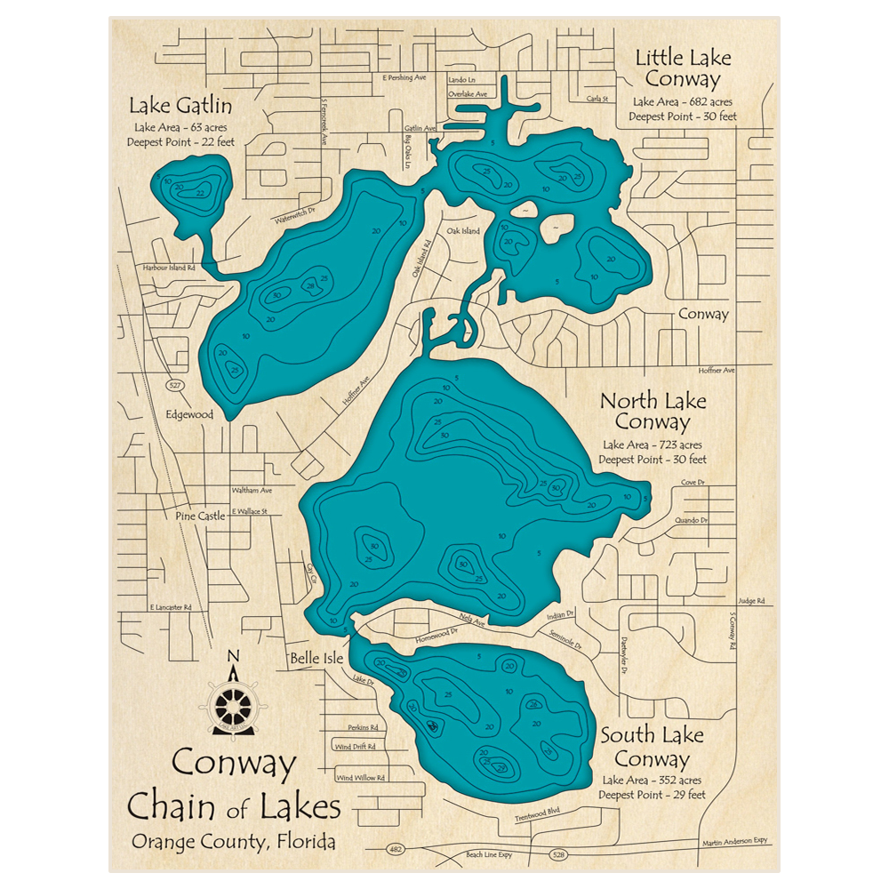 Bathymetric topo map of Conway Chain of Lakes (Without Jessamine and Holden) with roads, towns and depths noted in blue water