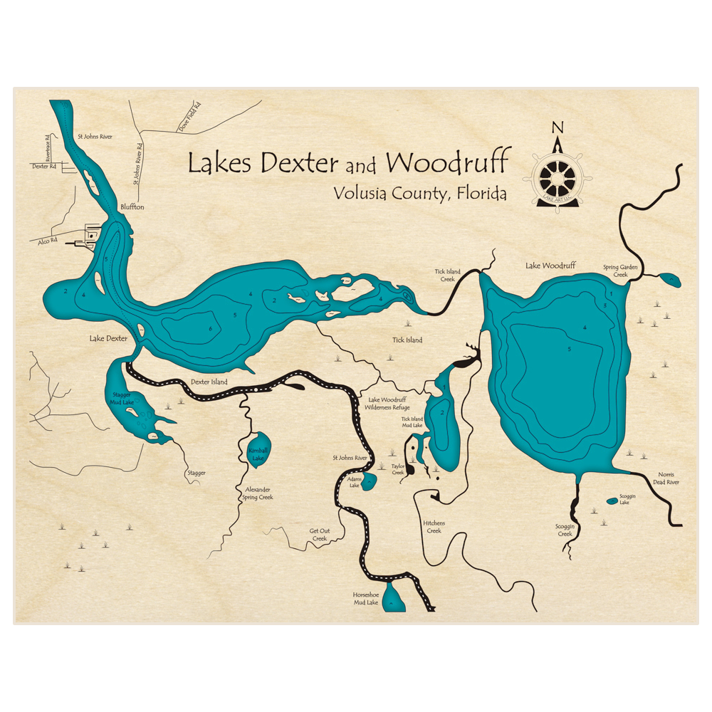 Bathymetric topo map of Lakes Dexter and Woodruff with roads, towns and depths noted in blue water