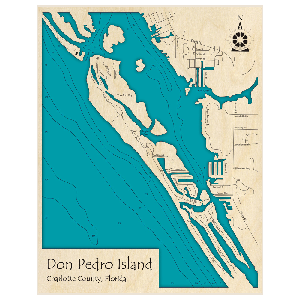 Bathymetric topo map of Don Pedro Island with roads, towns and depths noted in blue water