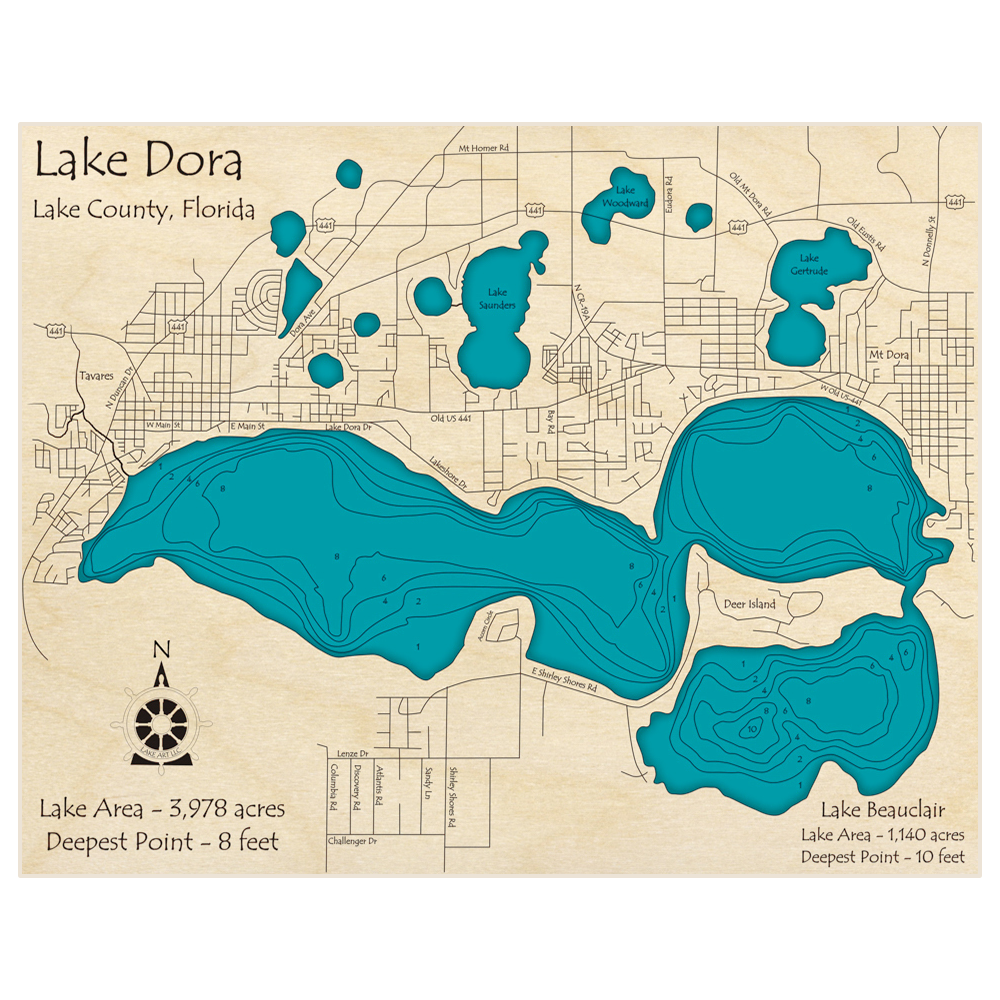 Bathymetric topo map of Lake Dora with roads, towns and depths noted in blue water