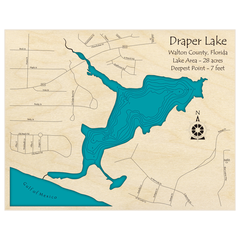 Bathymetric topo map of Draper Lake with roads, towns and depths noted in blue water