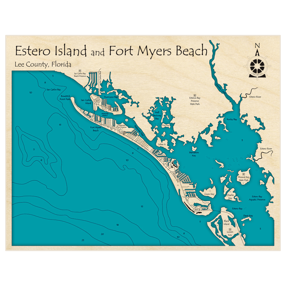 Bathymetric topo map of Estero Island and Fort Myers Beach with roads, towns and depths noted in blue water