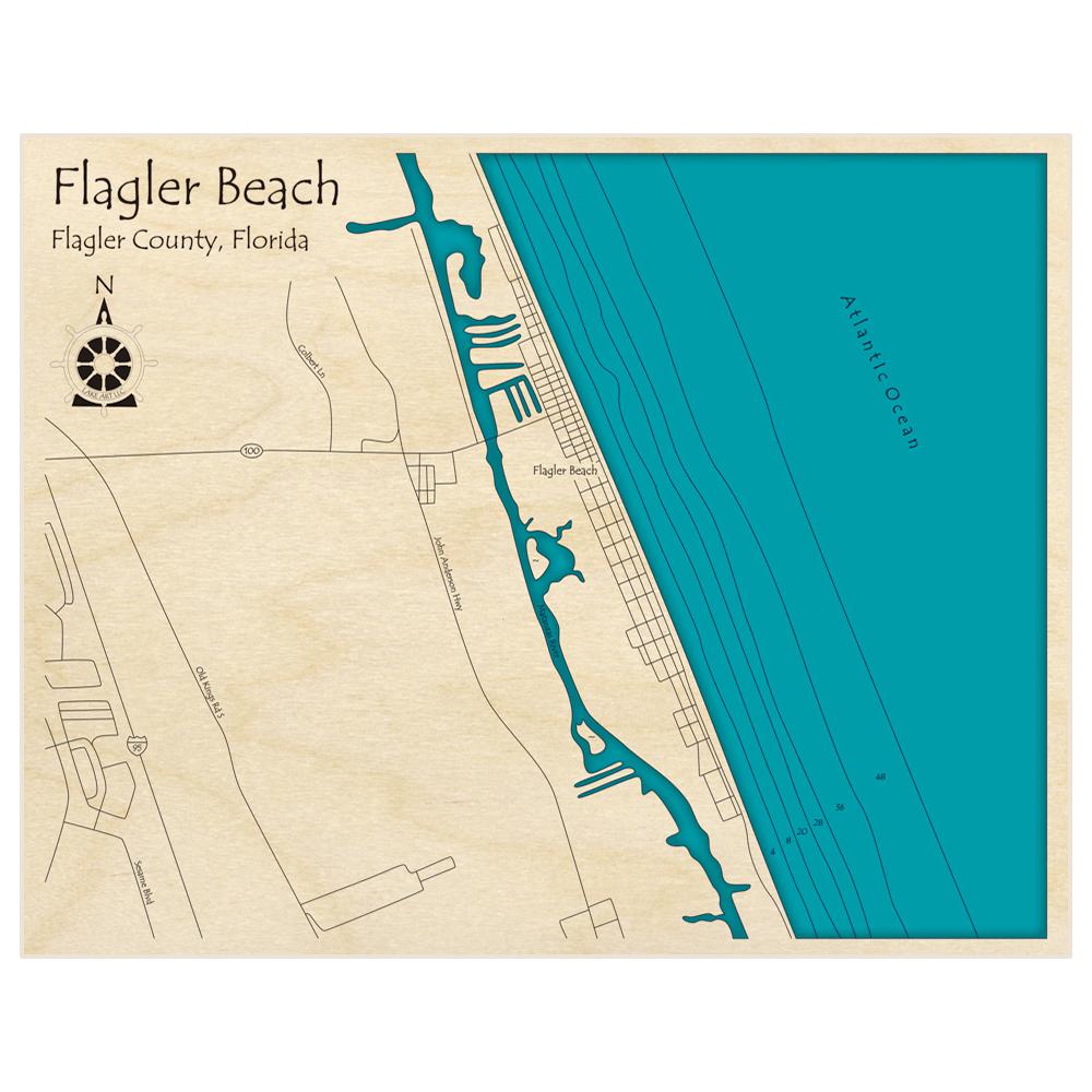 Bathymetric topo map of Flagler Beach with roads, towns and depths noted in blue water