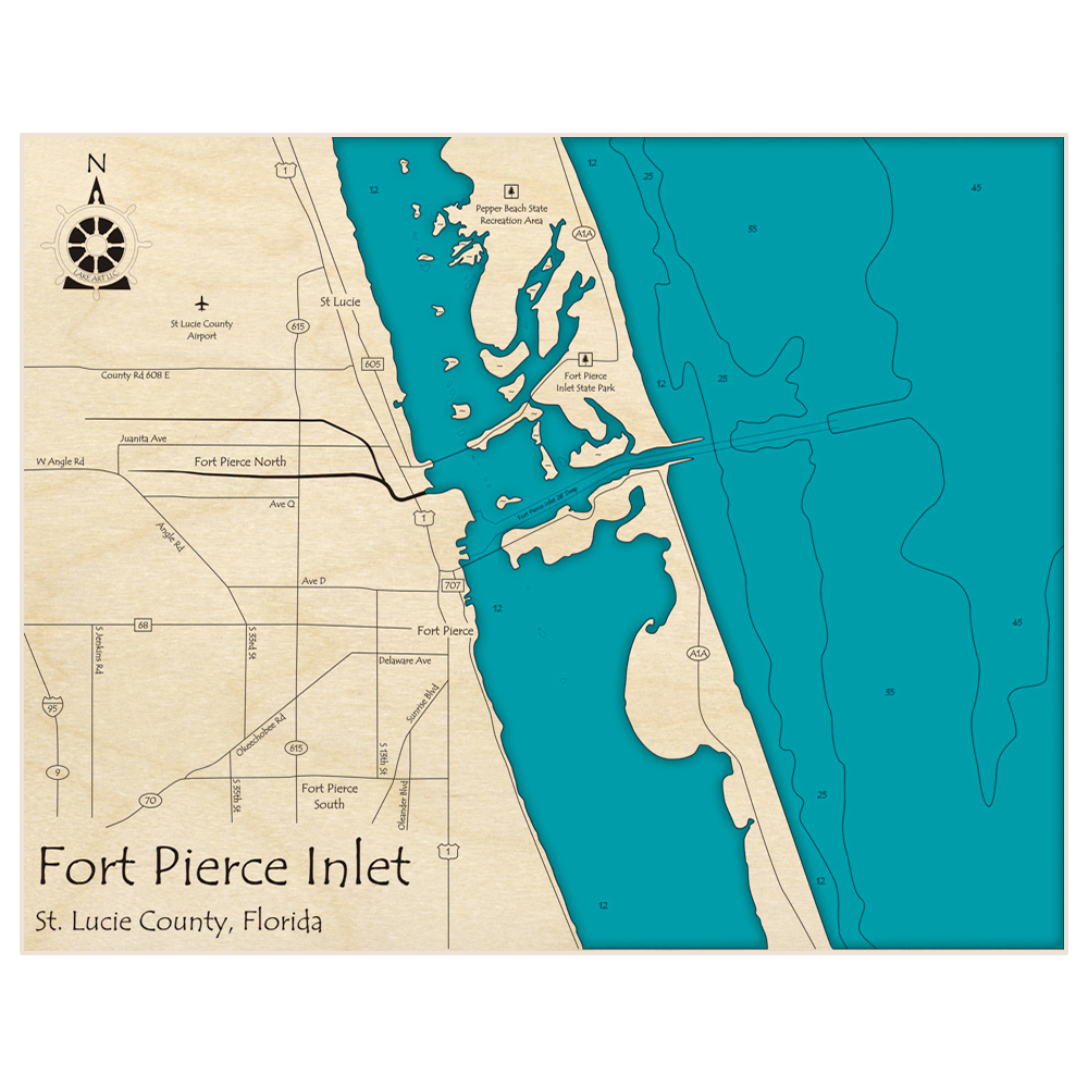 Bathymetric topo map of Fort Pierce Inlet with roads, towns and depths noted in blue water