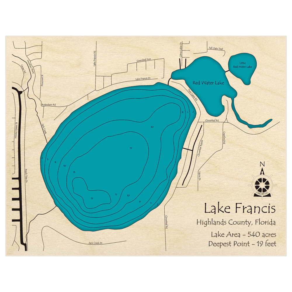 Bathymetric topo map of Lake Francis with roads, towns and depths noted in blue water