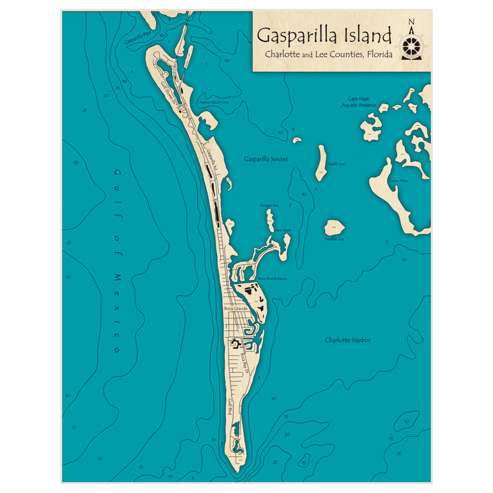 Bathymetric topo map of Gasparilla Island with roads, towns and depths noted in blue water