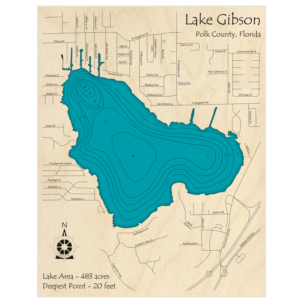 Bathymetric topo map of Lake Gibson with roads, towns and depths noted in blue water