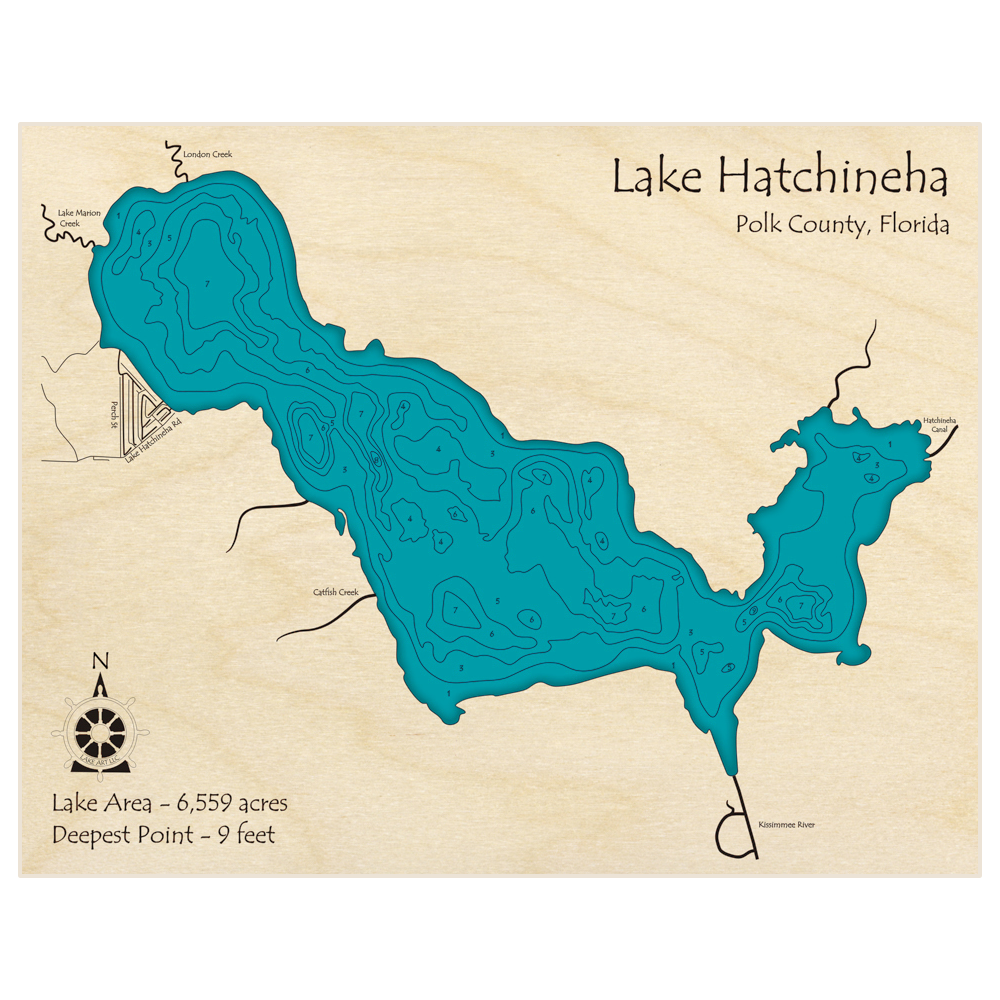 Bathymetric topo map of Lake Hatchineha with roads, towns and depths noted in blue water