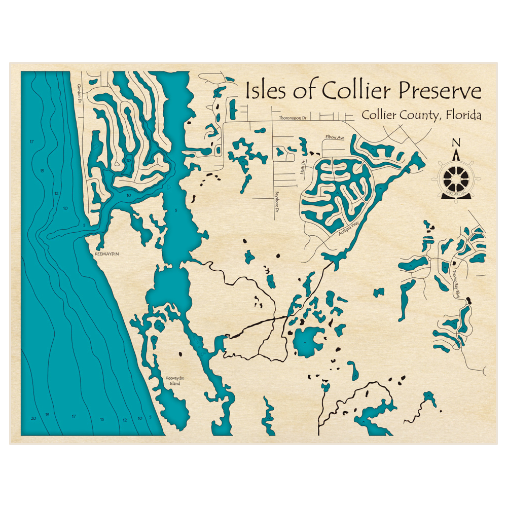 Bathymetric topo map of Isles of Collier Preserve with roads, towns and depths noted in blue water