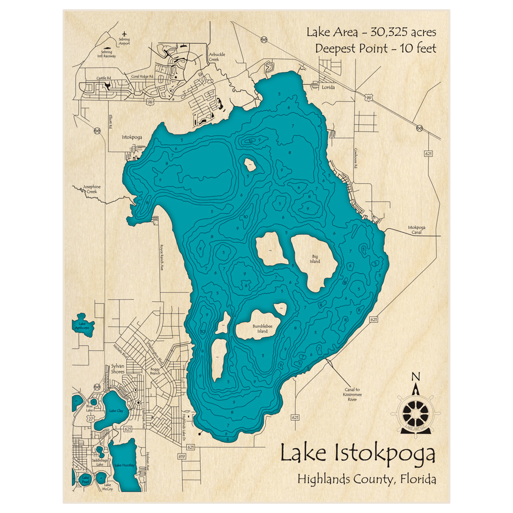 Bathymetric topo map of Lake Istokpoga with roads, towns and depths noted in blue water