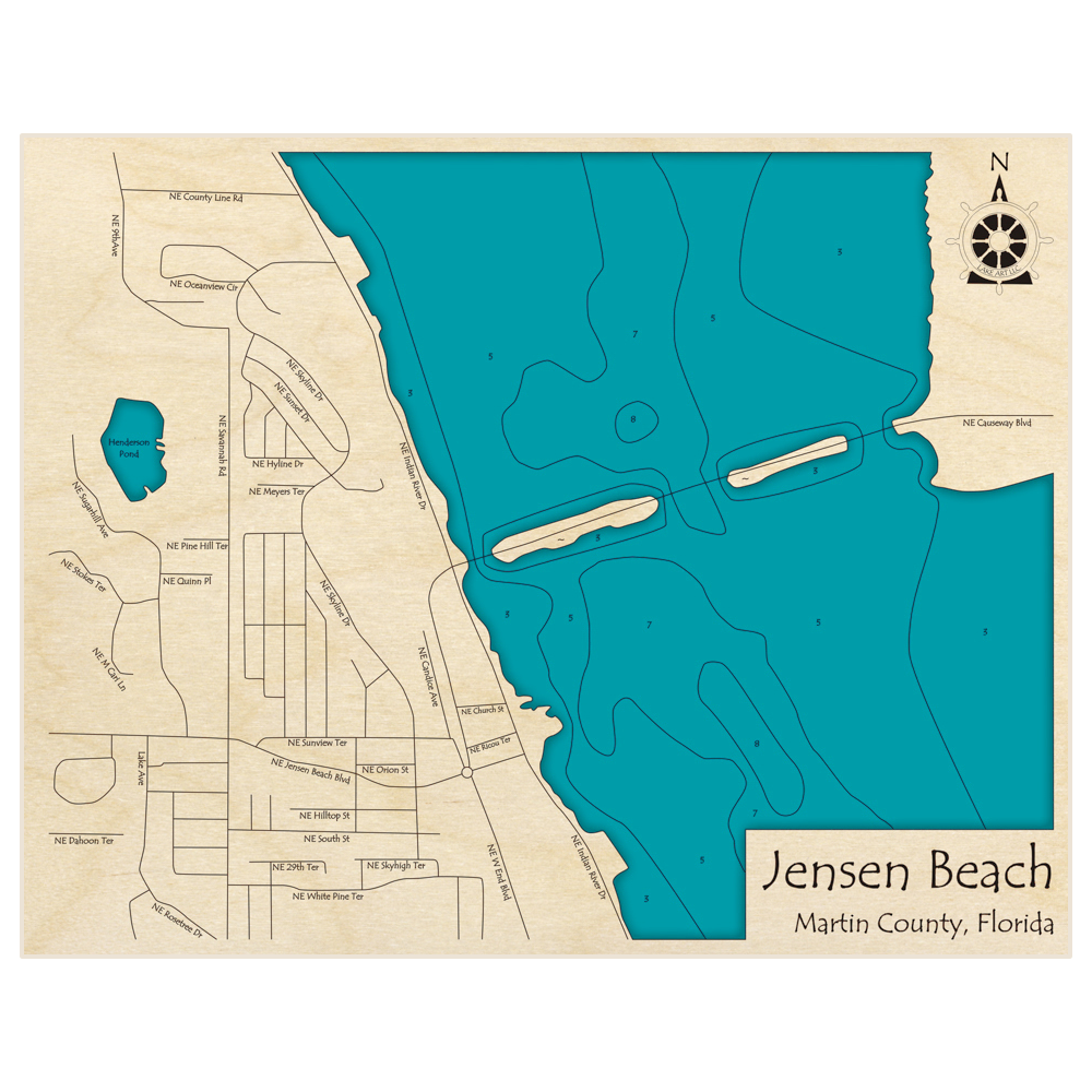 Bathymetric topo map of Jensen Beach with roads, towns and depths noted in blue water