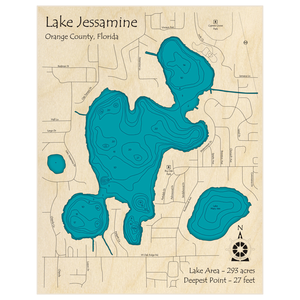 Bathymetric topo map of Lake Jessamine with roads, towns and depths noted in blue water