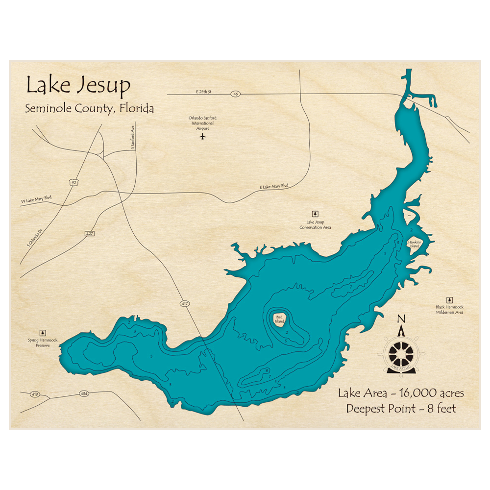 Bathymetric topo map of Lake Jesup with roads, towns and depths noted in blue water