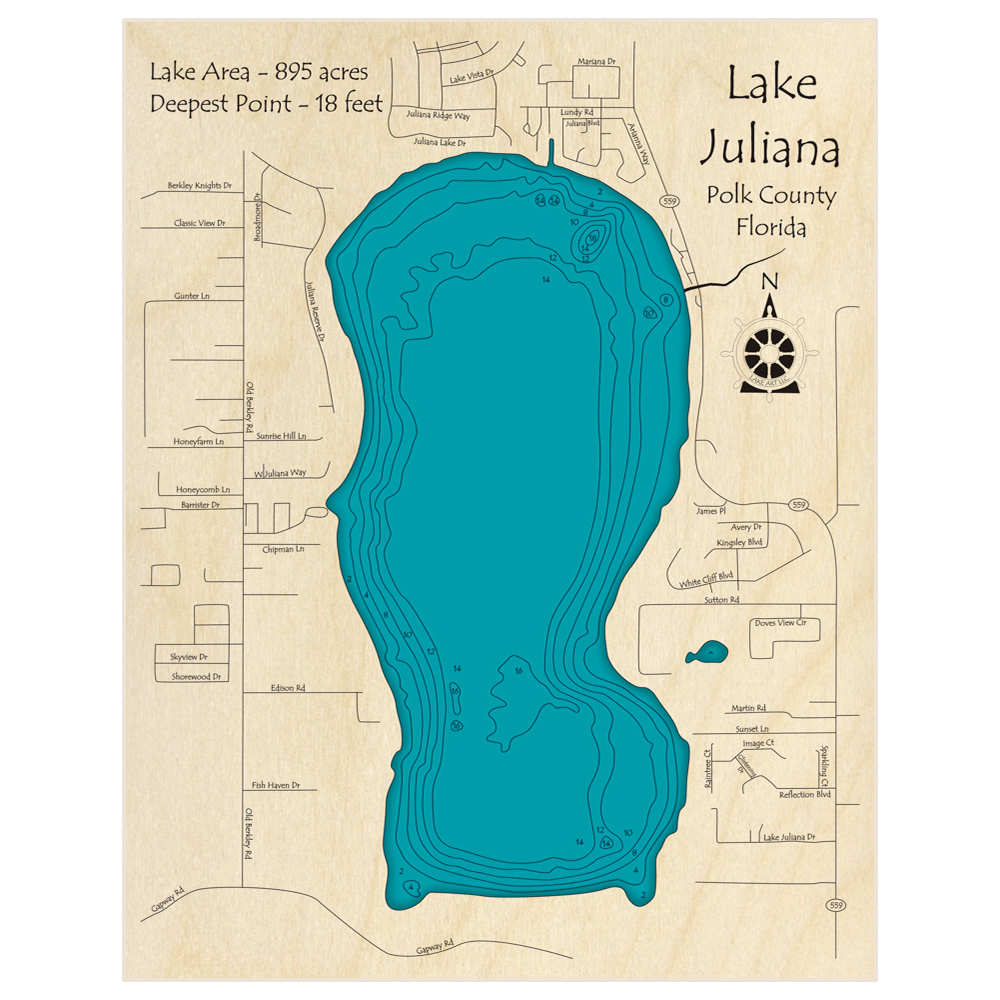 Bathymetric topo map of Lake Juliana with roads, towns and depths noted in blue water