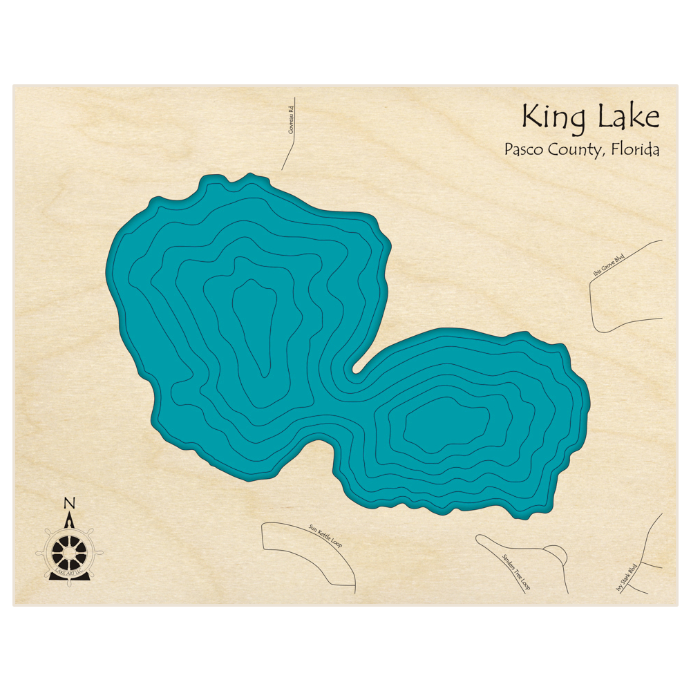 Bathymetric topo map of King Lake  with roads, towns and depths noted in blue water