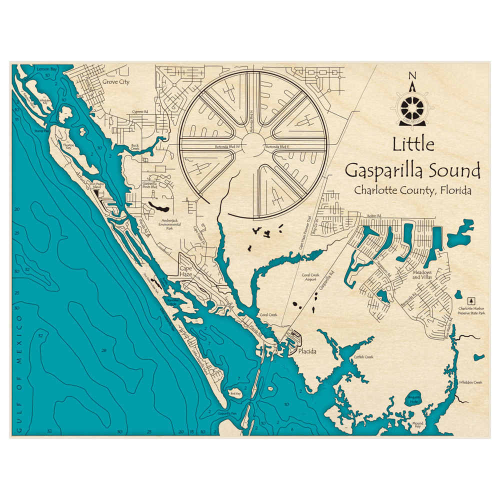 Bathymetric topo map of Little Gasparilla Sound with roads, towns and depths noted in blue water