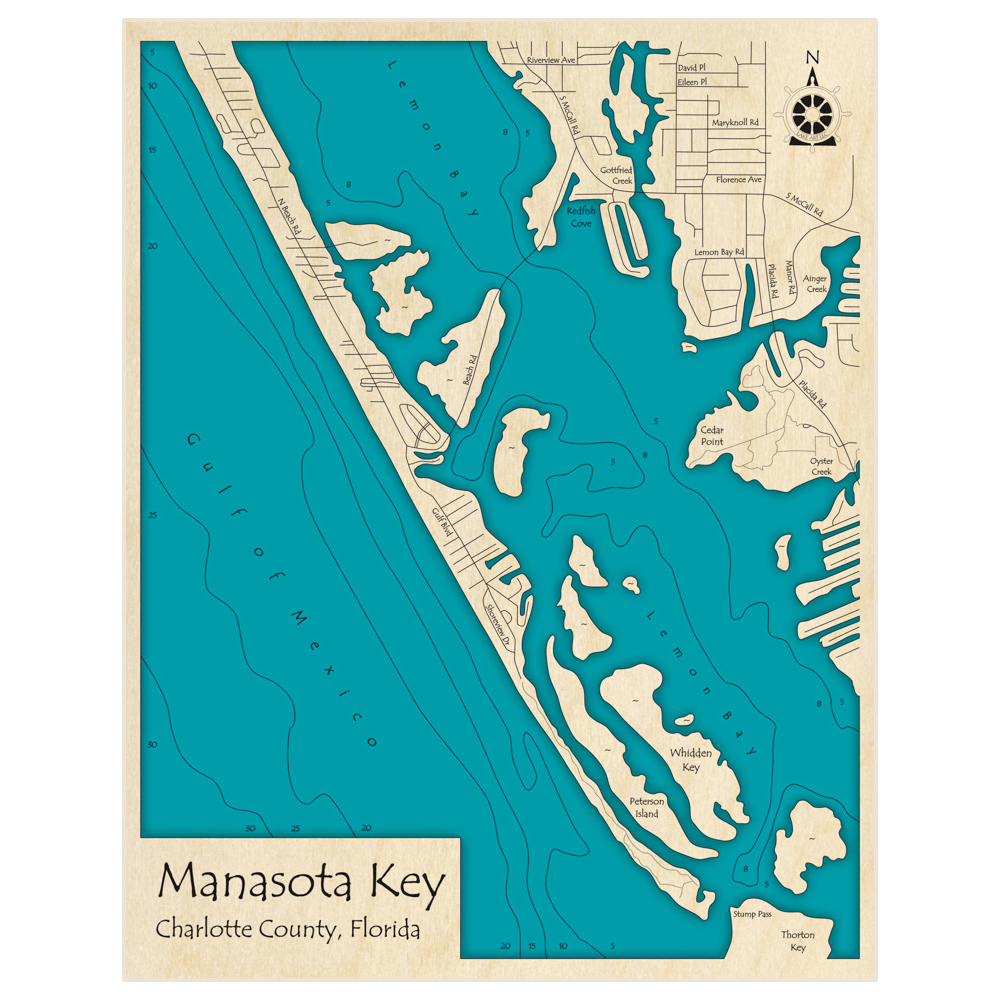 Bathymetric topo map of Southern Manasota Key and Lemon Bay with roads, towns and depths noted in blue water