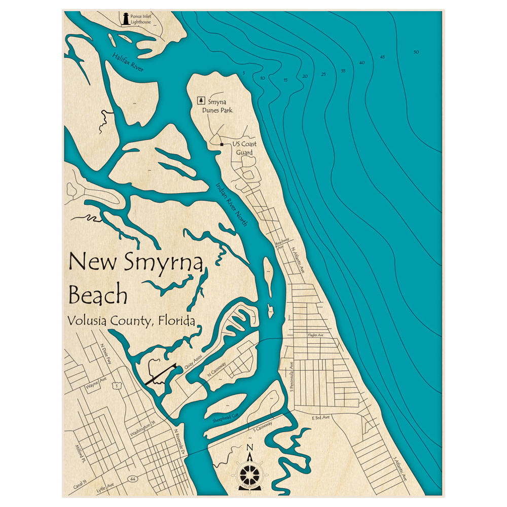 Bathymetric topo map of New Smyrna Beach with roads, towns and depths noted in blue water