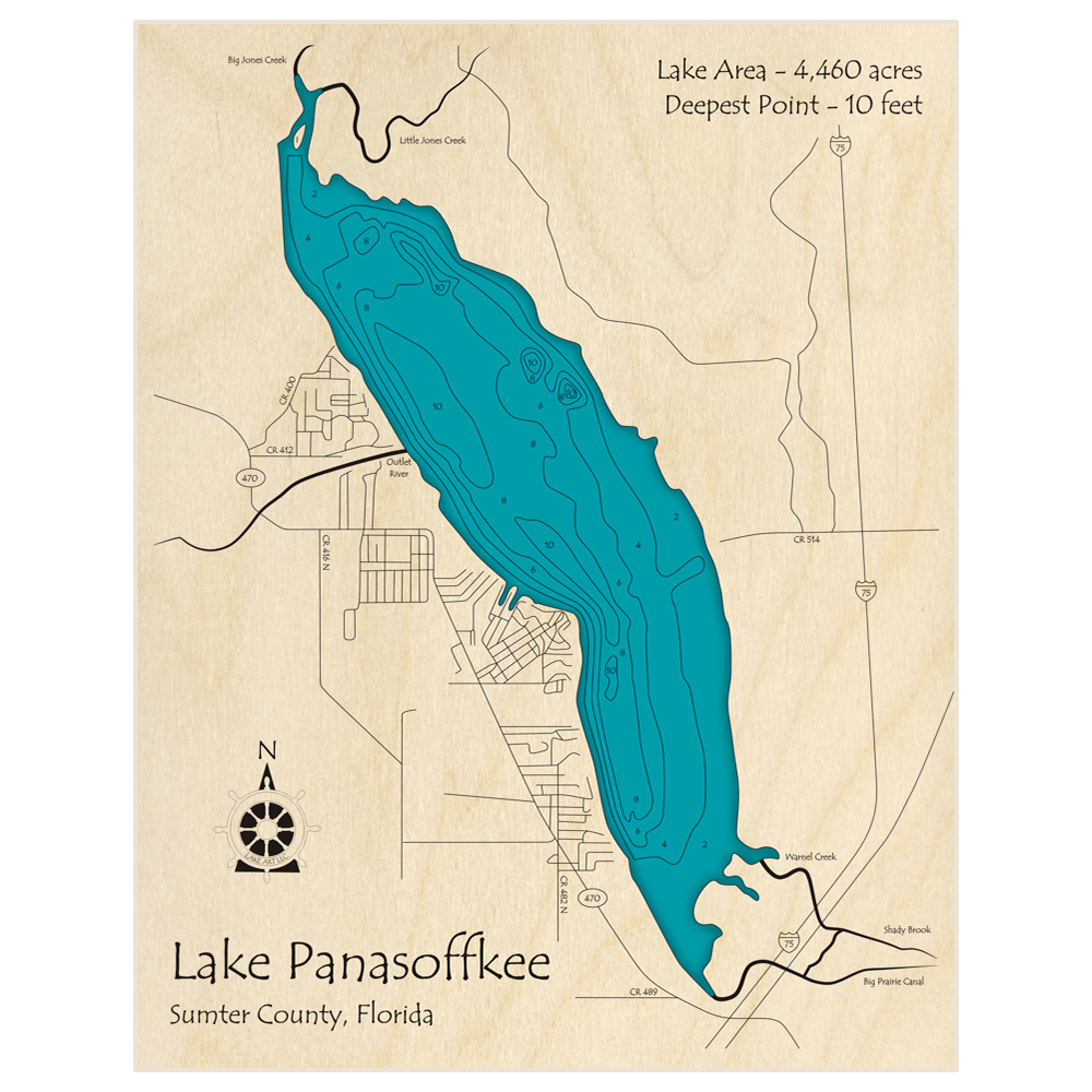 Bathymetric topo map of Lake Panasoffkee with roads, towns and depths noted in blue water