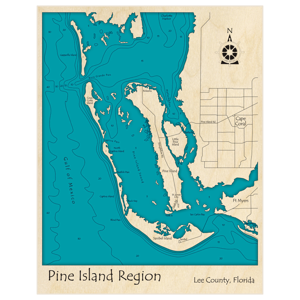 Bathymetric topo map of Pine Island Region with roads, towns and depths noted in blue water