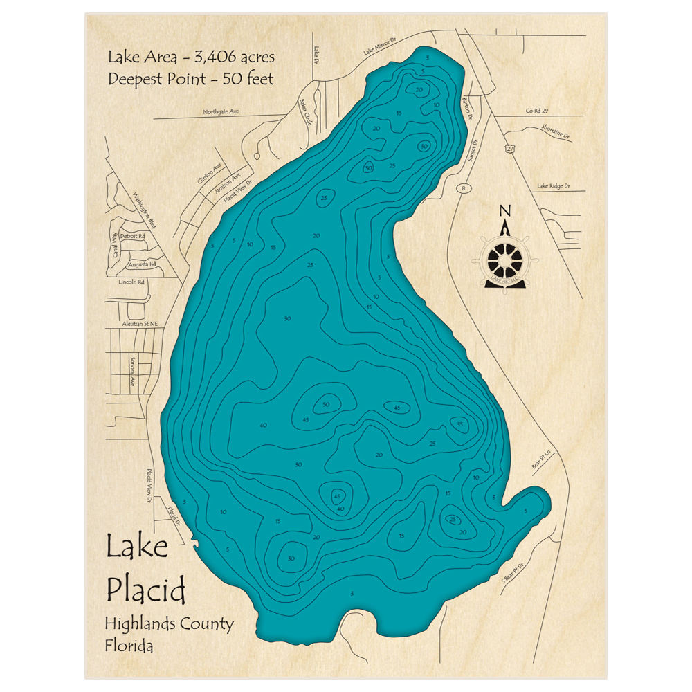 Bathymetric topo map of Lake Placid with roads, towns and depths noted in blue water